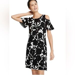 Ann Taylor Floral Cold Shoulder Sweater Dress in Black Floral